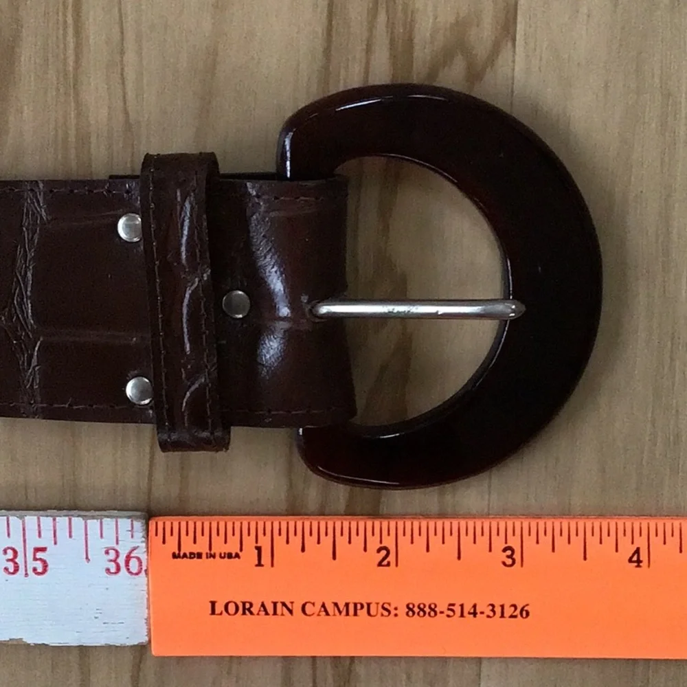 Faux Reptile Alligator Crocodile Brown Belt With Round‎ Amber Buckle Size 14